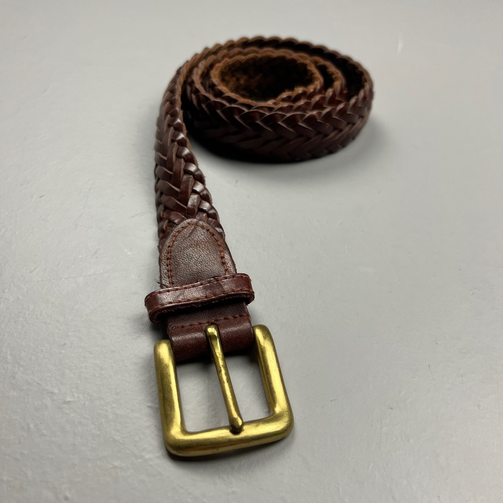 Coach Braided Belt Unisex S Brown Woven Genuine Leather Solid Brass Buckle